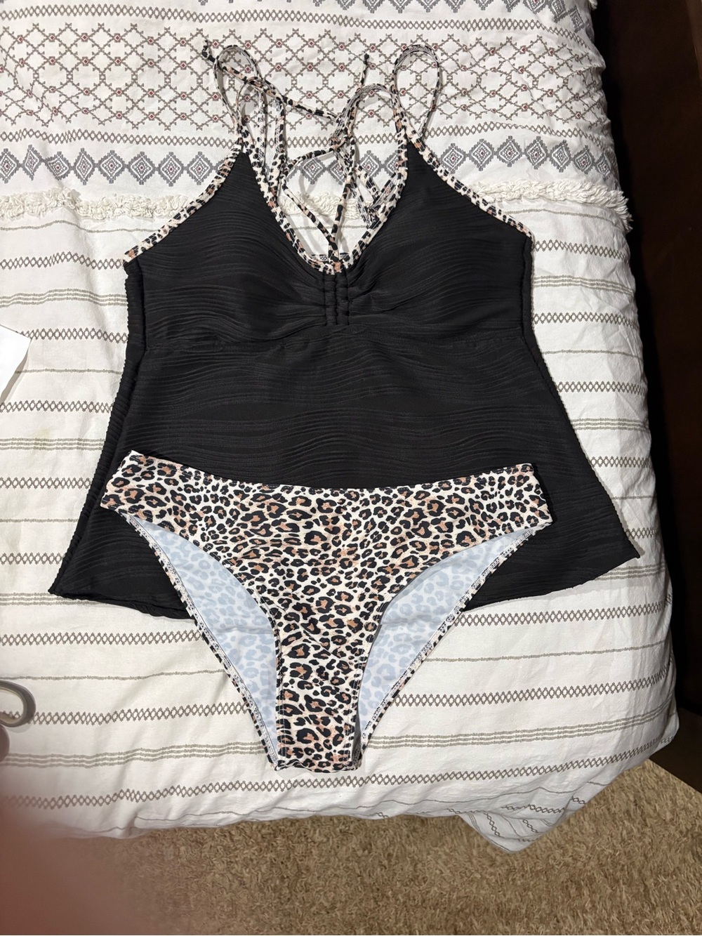 Black Tankini Top with Leopard Print Strappy Bikini Bottoms